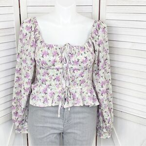 Bacio Floral Tie Front Puff Sleeve Crop Blouse‎ White Purple Large
